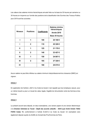 Les valeurs des salaires minima hierarchiques annuels fixés sur la base de 35 heures par semaine ou
35 heures en moyenne s...