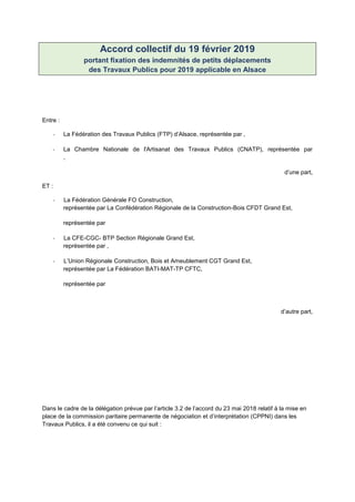 Accord collectif du 19 février 2019
portant fixation des indemnités de petits déplacements
des Travaux Publics pour 2019 a...