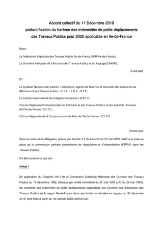 Accord collectif du 11 Décembre 2019
portant fixation du barème des indemnités de petits déplacements
des Travaux Publics ...
