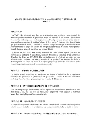 1
ACCORD TEMPORAIRE RELATIF A L’AMENAGEMENT DU TEMPS DE
TRAVAIL
PREAMBULE
Le COVID 19 a mis notre pays dans une crise sani...