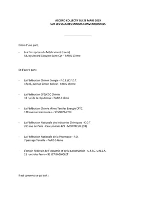 ACCORD COLLECTIF DU 28 MARS 2019
SUR LES SALAIRES MINIMA CONVENTIONNELS
___________________
Entre d'une part,
- Les Entrep...