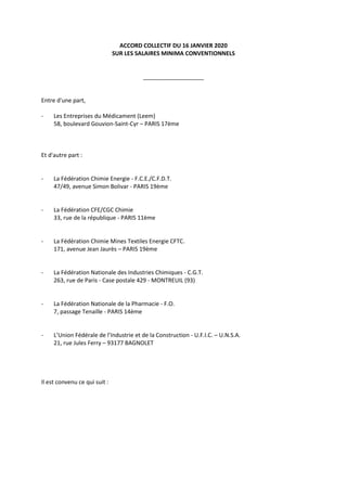 ACCORD COLLECTIF DU 16 JANVIER 2020
SUR LES SALAIRES MINIMA CONVENTIONNELS
___________________
Entre d'une part,
- Les Ent...