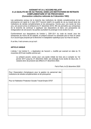 AVENANT N°2 A L’ACCORD RELATIF
A LA QUALITE DE VIE AU TRAVAIL DANS LES INSTITUTIONS DE RETRAITE
COMPLEMENTAIRE ET DE PREVO...