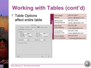 Adobe InDesign CC: The Professional Portfolio
Working with Tables (cont’d)
Table Options
affect entire table
 