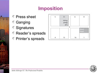 Adobe InDesign CC: The Professional Portfolio
Imposition
Press sheet
Ganging
Signatures
Reader’s spreads
Printer’s spreads
 