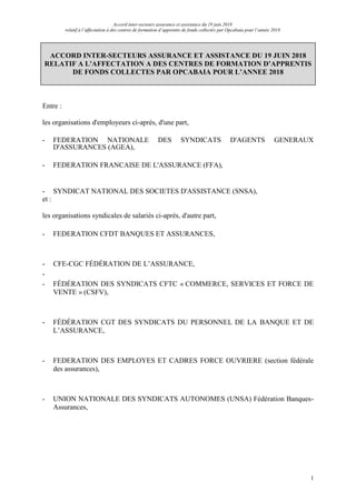 Accord inter-secteurs assurance et assistance du 19 juin 2018
relatif à l’affectation à des centres de formation d’apprent...