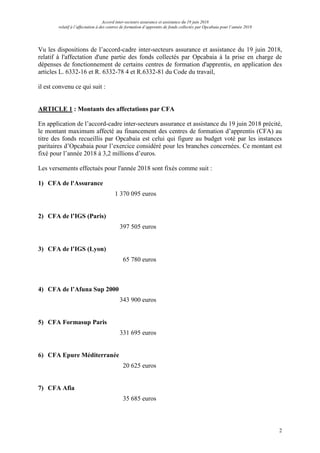 Accord inter-secteurs assurance et assistance du 19 juin 2018
relatif à l’affectation à des centres de formation d’apprent...
