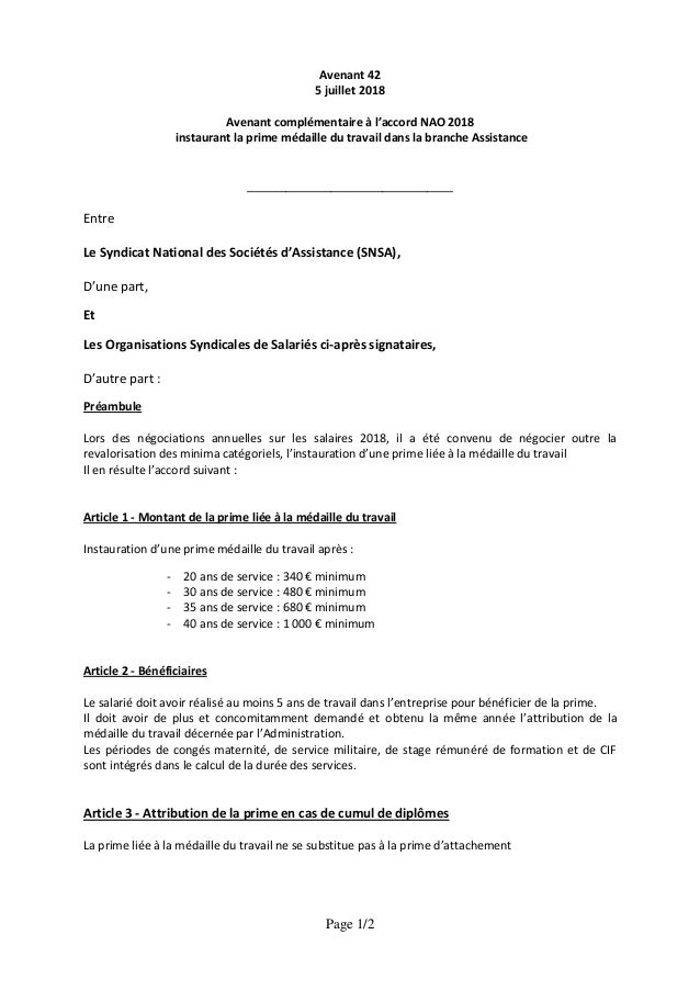 Idcc 1801 Avenant Prime Medaille Du Travail