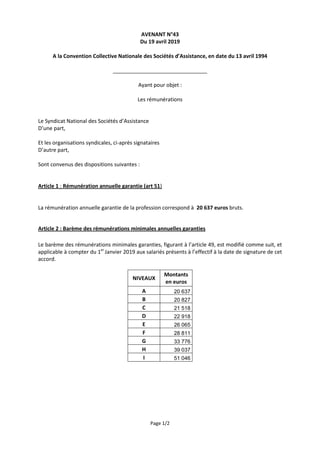 Page 1/2
AVENANT N°43
Du 19 avril 2019
A la Convention Collective Nationale des Sociétés d’Assistance, en date du 13 avril...