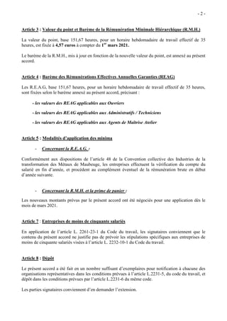 - 2 -
Article 3 : Valeur du point et Barème de la Rémunération Minimale Hiérarchique (R.M.H.)
La valeur du point, base 151...