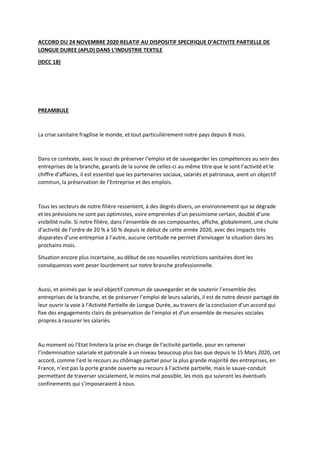 ACCORD DU 24 NOVEMBRE 2020 RELATIF AU DISPOSITIF SPECIFIQUE D’ACTIVITE PARTIELLE DE
LONGUE DUREE (APLD) DANS L’INDUSTRIE T...