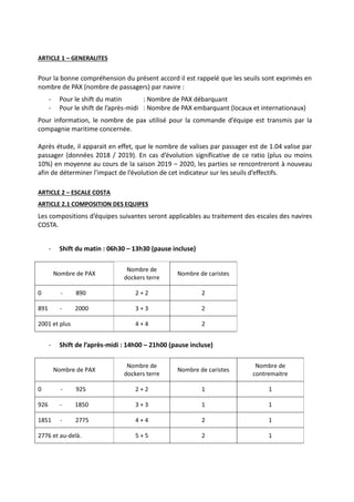 ARTICLE 1 – GENERALITES
Pour la bonne compréhension du présent accord il est rappelé que les seuils sont exprimés en
nombr...