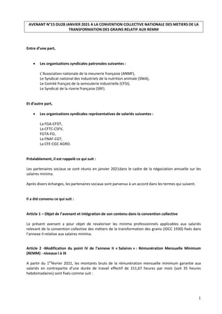 1
AVENANT N°15 DU28 JANVIER 2021 A LA CONVENTION COLLECTIVE NATIONALE DES METIERS DE LA
TRANSFORMATION DES GRAINS RELATIF ...