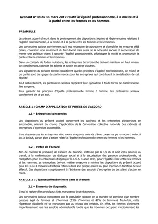 Avenant n° 68 du 11 mars 2019 relatif à l’égalité professionnelle, à la mixite et à
la parité entre les femmes et les homm...