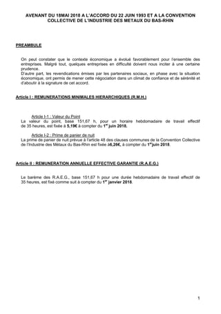 AVENANT DU 18MAI 2018 A L’ACCORD DU 22 JUIN 1993 ET A LA CONVENTION
COLLECTIVE DE L’INDUSTRIE DES METAUX DU BAS-RHIN
1
PRE...