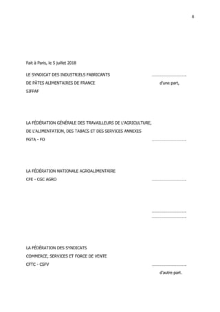 8
8
Fait à Paris, le 5 juillet 2018
LE SYNDICAT DES INDUSTRIELS FABRICANTS ………………………….
DE PÂTES ALIMENTAIRES DE FRANCE d'une part,
SIFPAF
LA FÉDÉRATION GÉNÉRALE DES TRAVAILLEURS DE L'AGRICULTURE,
DE L'ALIMENTATION, DES TABACS ET DES SERVICES ANNEXES
FGTA - FO ………………………….
LA FÉDÉRATION NATIONALE AGROALIMENTAIRE
CFE - CGC AGRO ………………………….
………………………….
………………………….
LA FÉDÉRATION DES SYNDICATS
COMMERCE, SERVICES ET FORCE DE VENTE
CFTC - CSFV ………………………….
d'autre part.
 