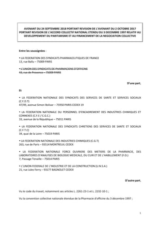 1
AVENANT DU 24 SEPTEMBRE 2018 PORTANT REVISION DE L’AVENANT DU 2 OCTOBRE 2017
PORTANT REVISION DE L’ACCORD COLLECTIF NATI...