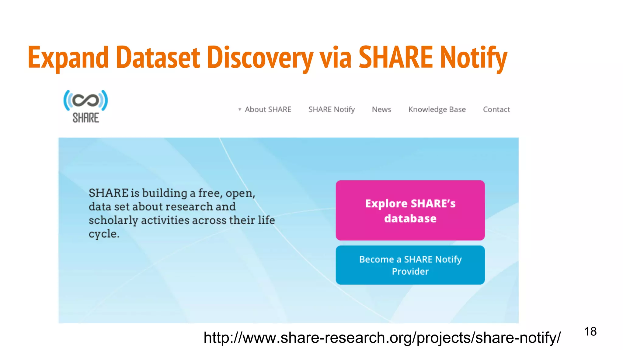 Expand Dataset Discovery via SHARE Notify
http://www.share-research.org/projects/share-notify/ 18
 