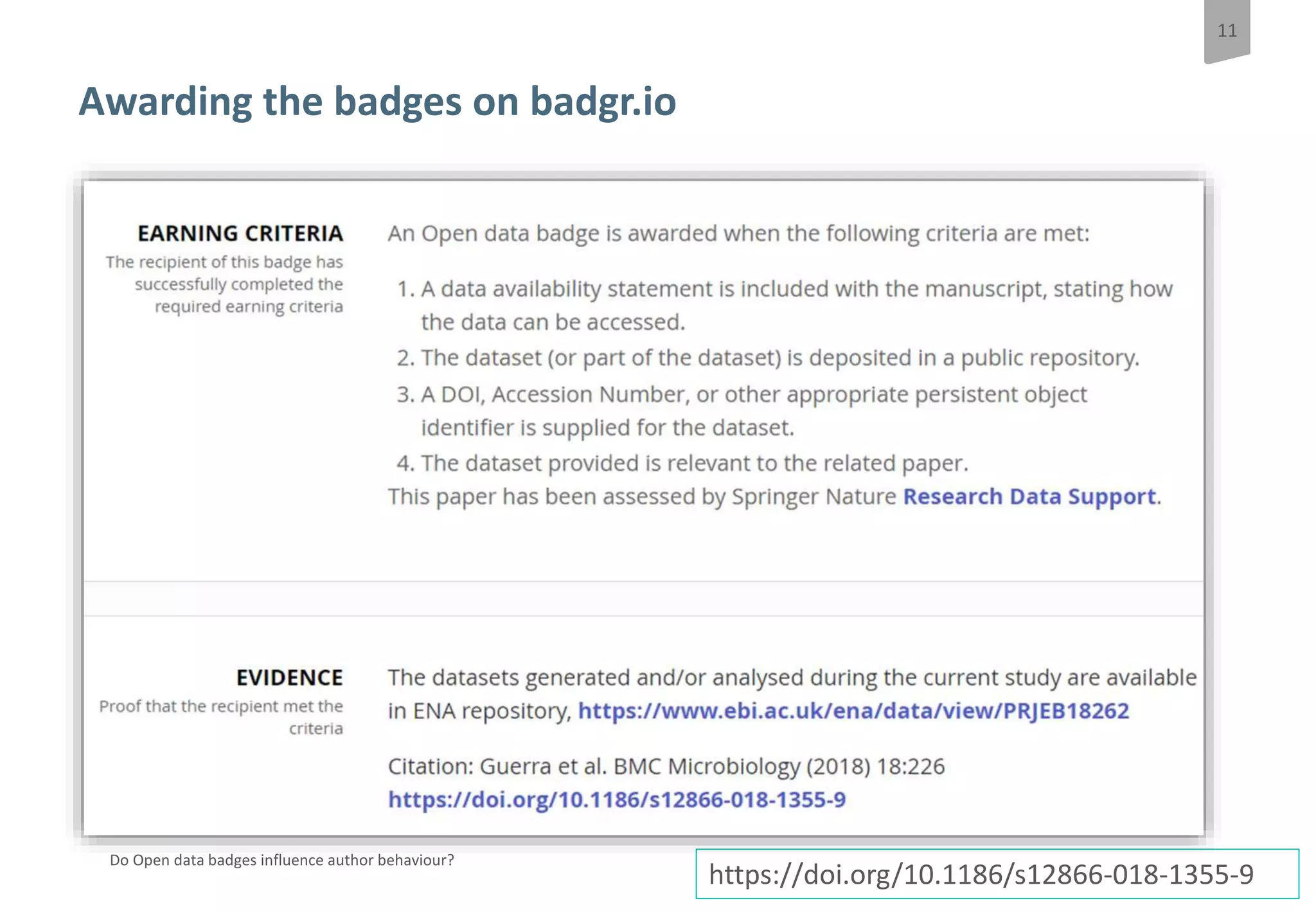11
Do Open data badges influence author behaviour?
Awarding the badges on badgr.io
https://doi.org/10.1186/s12866-018-1355-9
 