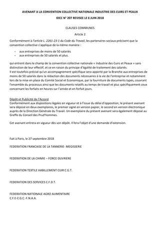 AVENANT A LA CONVENTION COLLECTIVE NATIONALE INDUSTRIE DES CUIRS ET PEAUX
IDCC N° 207 REVISEE LE 6 JUIN 2018
CLAUSES COMMU...