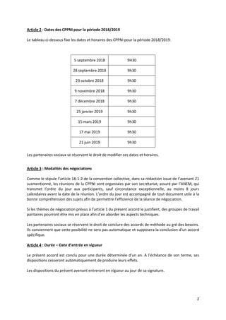 2
Article 2 : Dates des CPPNI pour la période 2018/2019
Le tableau ci-dessous fixe les dates et horaires des CPPNI pour la...
