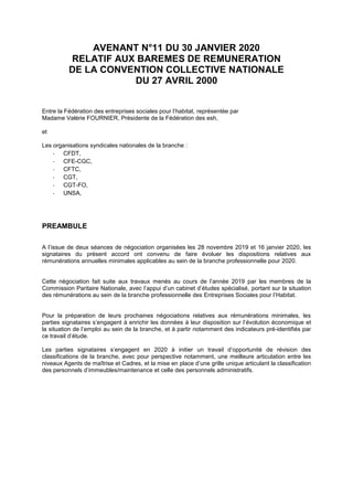 AVENANT N°11 DU 30 JANVIER 2020
RELATIF AUX BAREMES DE REMUNERATION
DE LA CONVENTION COLLECTIVE NATIONALE
DU 27 AVRIL 2000...