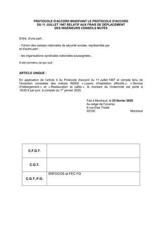 PROTOCOLE D'ACCORD MODIFIANT LE PROTOCOLE D'ACCORD
DU 11 JUILLET 1967 RELATIF AUX FRAIS DE DÉPLACEMENT
DES INGÉNIEURS CONS...