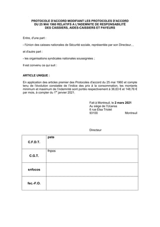 PROTOCOLE D'ACCORD MODIFIANT LES PROTOCOLES D'ACCORD
DU 25 MAI 1960 RELATIFS A L'INDEMNITE DE RESPONSABILITÉ
DES CAISSIERS...