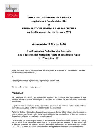 TAUX EFFECTIFS GARANTIS ANNUELS
applicables à l'année civile 2020
et
REMUNERATIONS MINIMALES HIERARCHIQUES
applicables à c...