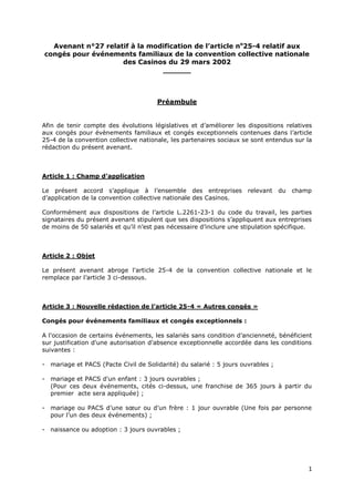 1
Avenant n°27 relatif à la modification de l’article no
25-4 relatif aux
congés pour événements familiaux de la conventio...