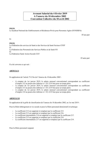 Avenant Salarial du 4 février 2019
A l’annexe du 10 décembre 2002
Convention Collective du 18 avril 2002
POUR
Le Syndicat ...