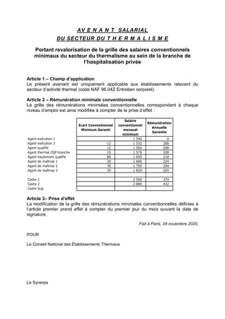 AV E N A N T SALARIAL
DU SECTEUR DU T H E R M A L I S M E
Portant revalorisation de la grille des salaires conventionnels
...