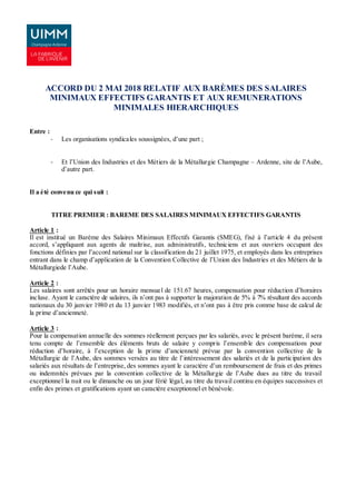 ACCORD DU 2 MAI 2018 RELATIF AUX BARÈMES DES SALAIRES
MINIMAUX EFFECTIFS GARANTIS ET AUX REMUNERATIONS
MINIMALES HIERARCHI...