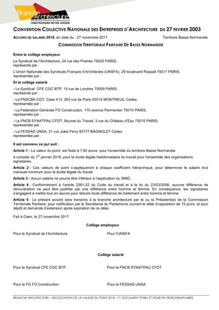 CONVENTION COLLECTIVE NATIONALE DES ENTREPRISES D’ARCHITECTURE DU 27 FEVRIER 2003
BRANCHE ARCHITECTURE – NEGOCIATION DE LA VALEUR DU POINT 2018 1/1 DOCUMENT ETABLI ET SIGNE EN TROIS EXEMPLAIRES
ACCORD DE SALAIRE 2018, en date du : 27 novembre 2017 Territoire Basse Normandie
COMMISSION TERRITORIALE PARITAIRE DE BASSE NORMANDIE
Entre le collège employeur
Le Syndicat de l’Architecture, 24 rue des Prairies 75020 PARIS,
représenté par :
L’Union Nationale des Syndicats Français d’Architectes (UNSFA), 29 boulevard Raspail 75017 PARIS,
représentée par :
Et le collège salarié
- Le Syndicat CFE CGC BTP, 15 rue de Londres 75009 PARIS,
représenté par :
- La FNSCBA CGT, Case 413, 263 rue de Paris 93514 MONTREUIL Cedex,
représentée par :
- La Fédération Générale FO Construction, 170 avenue Parmentier 75010 PARIS,
représentée par :
- La FNCB SYNATPAU CFDT, Bourse du Travail, 3 rue du Château d’Eau 75010 PARIS,
représentée par :
- La FESSAD UNSA, 21 rue Jules Ferry 93177 BAGNOLET Cedex
représentée par :
Il est convenu ce qui suit :
Article 1 : La valeur du point est fixée à 7,82 euros pour l’ensemble du territoire Basse Normandie
à compter du 1
er
janvier 2018, pour la durée légale hebdomadaire du travail pour l’ensemble des organisations
signataires.
Article 2 : Ces valeurs de point s’appliqueront à chaque coefficient hiérarchique, pour déterminer le salaire brut
mensuel minimum pour la durée légale du travail.
Article 3 : Aucun salaire ne pourra être inférieur à l’application du SMIC.
Article 4 : Conformément à l’article 2261-22 du Code du travail et à la loi du 23/03/2006, aucune différence de
rémunération ne peut être justifiée par une différence entre homme et femme. En conséquence, les signataires
s’engagent à mettre tout en œuvre pour réduire toute différence de traitement entre homme et femme.
Article 5 : Le présent accord sera transmis à la branche architecture par le ou la Président(e) de la Commission
Territoriale Paritaire, pour notification par le Secrétariat du Paritarisme ouvrant le délai d’opposition de 15 jours, et pour
dépôt et demande d’extension après expiration de ce délai.
Fait à Caen, le 27 novembre 2017
Collège employeur
Pour le Syndicat de l’Architecture Pour l’UNSFA
Collège salarié
Pour le Syndicat CFE CGC BTP Pour la FNCB SYNATPAU CFDT
Pour la FG FO Construction Pour la FESSAD UNSA
 