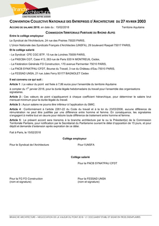 CONVENTION COLLECTIVE NATIONALE DES ENTREPRISES D’ARCHITECTURE DU 27 FEVRIER 2003
BRANCHE ARCHITECTURE – NEGOCIATION DE LA VALEUR DU POINT 2018 1/1 DOCUMENT ETABLI ET SIGNE EN TROIS EXEMPLAIRES
ACCORD DE SALAIRE 2018, en date du : 15/02/2018 Territoire Aquitaine
COMMISSION TERRITORIALE PARITAIRE DU RHONE-ALPES
Entre le collège employeur
Le Syndicat de l’Architecture, 24 rue des Prairies 75020 PARIS,
L’Union Nationale des Syndicats Français d’Architectes (UNSFA), 29 boulevard Raspail 75017 PARIS,
Et le collège salarié
- Le Syndicat CFE CGC BTP, 15 rue de Londres 75009 PARIS,
- La FNSCBA CGT, Case 413, 263 rue de Paris 93514 MONTREUIL Cedex,
- La Fédération Générale FO Construction, 170 avenue Parmentier 75010 PARIS,
- La FNCB SYNATPAU CFDT, Bourse du Travail, 3 rue du Château d’Eau 75010 PARIS,
- La FESSAD UNSA, 21 rue Jules Ferry 93177 BAGNOLET Cedex
Il est convenu ce qui suit :
Article 1 : La valeur du point est fixée à 7,86 euros pour l’ensemble du territoire Aquitaine
à compter du 1
er
janvier 2018, pour la durée légale hebdomadaire du travail pour l’ensemble des organisations
signataires.
Article 2 : Ces valeurs de point s’appliqueront à chaque coefficient hiérarchique, pour déterminer le salaire brut
mensuel minimum pour la durée légale du travail.
Article 3 : Aucun salaire ne pourra être inférieur à l’application du SMIC.
Article 4 : Conformément à l’article 2261-22 du Code du travail et à la loi du 23/03/2006, aucune différence de
rémunération ne peut être justifiée par une différence entre homme et femme. En conséquence, les signataires
s’engagent à mettre tout en œuvre pour réduire toute différence de traitement entre homme et femme.
Article 5 : Le présent accord sera transmis à la branche architecture par le ou la Président(e) de la Commission
Territoriale Paritaire, pour notification par le Secrétariat du Paritarisme ouvrant le délai d’opposition de 15 jours, et pour
dépôt et demande d’extension après expiration de ce délai.
Fait à Paris, le 15/02/2018
Collège employeur
Pour le Syndicat de l’Architecture Pour l’UNSFA
Collège salarié
Pour la FNCB SYNATPAU CFDT
Pour la FG FO Construction Pour la FESSAD UNSA
(nom et signature) (nom et signature)
 