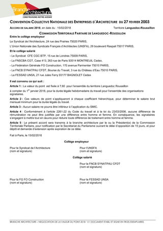CONVENTION COLLECTIVE NATIONALE DES ENTREPRISES D’ARCHITECTURE DU 27 FEVRIER 2003
BRANCHE ARCHITECTURE – NEGOCIATION DE LA VALEUR DU POINT 2018 1/1 DOCUMENT ETABLI ET SIGNE EN TROIS EXEMPLAIRES
ACCORD DE SALAIRE 2018, en date du : 15/02/2018 Territoire Languedoc-Roussillon
COMMISSION TERRITORIALE PARITAIRE DE LANGUEDOC-ROUSSILLON
Entre le collège employeur
Le Syndicat de l’Architecture, 24 rue des Prairies 75020 PARIS,
L’Union Nationale des Syndicats Français d’Architectes (UNSFA), 29 boulevard Raspail 75017 PARIS,
Et le collège salarié
- Le Syndicat CFE CGC BTP, 15 rue de Londres 75009 PARIS,
- La FNSCBA CGT, Case 413, 263 rue de Paris 93514 MONTREUIL Cedex,
- La Fédération Générale FO Construction, 170 avenue Parmentier 75010 PARIS,
- La FNCB SYNATPAU CFDT, Bourse du Travail, 3 rue du Château d’Eau 75010 PARIS,
- La FESSAD UNSA, 21 rue Jules Ferry 93177 BAGNOLET Cedex
Il est convenu ce qui suit :
Article 1 : La valeur du point est fixée à 7,60 pour l’ensemble du territoire Languedoc Roussillon
à compter du 1
er
janvier 2018, pour la durée légale hebdomadaire du travail pour l’ensemble des organisations
signataires.
Article 2 : Ces valeurs de point s’appliqueront à chaque coefficient hiérarchique, pour déterminer le salaire brut
mensuel minimum pour la durée légale du travail.
Article 3 : Aucun salaire ne pourra être inférieur à l’application du SMIC.
Article 4 : Conformément à l’article 2261-22 du Code du travail et à la loi du 23/03/2006, aucune différence de
rémunération ne peut être justifiée par une différence entre homme et femme. En conséquence, les signataires
s’engagent à mettre tout en œuvre pour réduire toute différence de traitement entre homme et femme.
Article 5 : Le présent accord sera transmis à la branche architecture par le ou la Président(e) de la Commission
Territoriale Paritaire, pour notification par le Secrétariat du Paritarisme ouvrant le délai d’opposition de 15 jours, et pour
dépôt et demande d’extension après expiration de ce délai.
Fait à Paris, le 15/02/2018
Collège employeur
Pour le Syndicat de l’Architecture Pour l’UNSFA
(nom et signature) (nom et signature)
Collège salarié
Pour la FNCB SYNATPAU CFDT
(nom et signature)
Pour la FG FO Construction Pour la FESSAD UNSA
(nom et signature) (nom et signature)
 