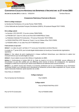 CONVENTION COLLECTIVE NATIONALE DES ENTREPRISES D’ARCHITECTURE DU 27 FEVRIER 2003
BRANCHE ARCHITECTURE – NEGOCIATION DE LA VALEUR DU POINT 2018 1/1 DOCUMENT ETABLI ET SIGNE EN TROIS EXEMPLAIRES
ACCORD DE SALAIRE 2018, en date du : 15/02/2018 Territoire Réunion
COMMISSION TERRITORIALE PARITAIRE DE REUNION
Entre le collège employeur
Le Syndicat de l’Architecture, 24 rue des Prairies 75020 PARIS,
L’Union Nationale des Syndicats Français d’Architectes (UNSFA), 29 boulevard Raspail 75017 PARIS,
Et le collège salarié
- Le Syndicat CFE CGC BTP, 15 rue de Londres 75009 PARIS,
- La FNSCBA CGT, Case 413, 263 rue de Paris 93514 MONTREUIL Cedex,
- La Fédération Générale FO Construction, 170 avenue Parmentier 75010 PARIS,
- La FNCB SYNATPAU CFDT, Bourse du Travail, 3 rue du Château d’Eau 75010 PARIS,
- La FESSAD UNSA, 21 rue Jules Ferry 93177 BAGNOLET Cedex
Il est convenu ce qui suit :
Article 1 : La valeur du point est fixée à 7,71 euros pour l’ensemble du territoire Réunion
à compter du 1
er
janvier 2018, pour la durée légale hebdomadaire du travail pour l’ensemble des organisations
signataires.
Article 2 : Ces valeurs de point s’appliqueront à chaque coefficient hiérarchique, pour déterminer le salaire brut
mensuel minimum pour la durée légale du travail.
Article 3 : Aucun salaire ne pourra être inférieur à l’application du SMIC.
Article 4 : Conformément à l’article 2261-22 du Code du travail et à la loi du 23/03/2006, aucune différence de
rémunération ne peut être justifiée par une différence entre homme et femme. En conséquence, les signataires
s’engagent à mettre tout en œuvre pour réduire toute différence de traitement entre homme et femme.
Article 5 : Le présent accord sera transmis à la branche architecture par le ou la Président(e) de la Commission
Territoriale Paritaire, pour notification par le Secrétariat du Paritarisme ouvrant le délai d’opposition de 15 jours, et pour
dépôt et demande d’extension après expiration de ce délai.
Fait à Paris, le 15/02/2018
Collège employeur
Pour le Syndicat de l’Architecture Pour l’UNSFA
Collège salarié
Pour la FNCB SYNATPAU CFDT
Pour la FG FO Construction Pour la FESSAD UNSA
 
