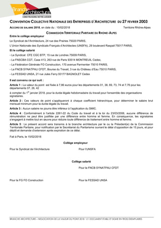 CONVENTION COLLECTIVE NATIONALE DES ENTREPRISES D’ARCHITECTURE DU 27 FEVRIER 2003
BRANCHE ARCHITECTURE – NEGOCIATION DE LA VALEUR DU POINT 2018 1/1 DOCUMENT ETABLI ET SIGNE EN TROIS EXEMPLAIRES
ACCORD DE SALAIRE 2018, en date du : 15/02/2018 Territoire Rhône-Alpes
COMMISSION TERRITORIALE PARITAIRE DU RHONE-ALPES
Entre le collège employeur
Le Syndicat de l’Architecture, 24 rue des Prairies 75020 PARIS,
L’Union Nationale des Syndicats Français d’Architectes (UNSFA), 29 boulevard Raspail 75017 PARIS,
Et le collège salarié
- Le Syndicat CFE CGC BTP, 15 rue de Londres 75009 PARIS,
- La FNSCBA CGT, Case 413, 263 rue de Paris 93514 MONTREUIL Cedex,
- La Fédération Générale FO Construction, 170 avenue Parmentier 75010 PARIS,
- La FNCB SYNATPAU CFDT, Bourse du Travail, 3 rue du Château d’Eau 75010 PARIS,
- La FESSAD UNSA, 21 rue Jules Ferry 93177 BAGNOLET Cedex
Il est convenu ce qui suit :
Article 1 : La valeur du point est fixée à 7,86 euros pour les départements 01, 38, 69, 73, 74 et 7,76 pour les
départements 07, 26, 42
à compter du 1
er
janvier 2018, pour la durée légale hebdomadaire du travail pour l’ensemble des organisations
signataires.
Article 2 : Ces valeurs de point s’appliqueront à chaque coefficient hiérarchique, pour déterminer le salaire brut
mensuel minimum pour la durée légale du travail.
Article 3 : Aucun salaire ne pourra être inférieur à l’application du SMIC.
Article 4 : Conformément à l’article 2261-22 du Code du travail et à la loi du 23/03/2006, aucune différence de
rémunération ne peut être justifiée par une différence entre homme et femme. En conséquence, les signataires
s’engagent à mettre tout en œuvre pour réduire toute différence de traitement entre homme et femme.
Article 5 : Le présent accord sera transmis à la branche architecture par le ou la Président(e) de la Commission
Territoriale Paritaire, pour notification par le Secrétariat du Paritarisme ouvrant le délai d’opposition de 15 jours, et pour
dépôt et demande d’extension après expiration de ce délai.
Fait à Paris, le 15/02/2018
Collège employeur
Pour le Syndicat de l’Architecture Pour l’UNSFA
Collège salarié
Pour la FNCB SYNATPAU CFDT
Pour la FG FO Construction Pour la FESSAD UNSA
 