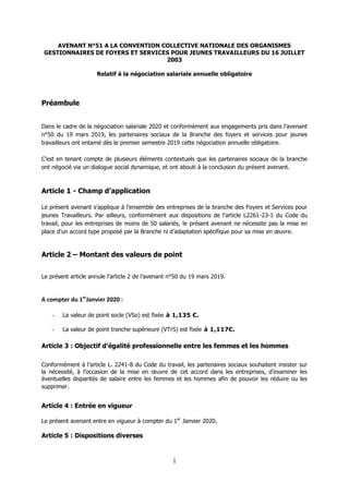 1
AVENANT N°51 A LA CONVENTION COLLECTIVE NATIONALE DES ORGANISMES
GESTIONNAIRES DE FOYERS ET SERVICES POUR JEUNES TRAVAIL...