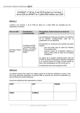 Convention Collective Nationale Sport
Avenant n°130 du 3 mai 2018
AVENANT n°130 du 3 mai 2018 portant sur l’annexe 1
de la...