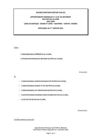 Appointements Minimaux des ETAM du Bâtiment
Commission Paritaire Régionale du 3 novembre 2020
Page 1 sur 5
ACCORD PARITAIRE PORTANT SUR LES
APPOINTEMENTS MINIMAUX E.T.A.M. DU BATIMENT
DES PAYS DE LA LOIRE
-IDCC 2609-
LOIRE-ATLANTIQUE - MAINE ET LOIRE – MAYENNE – SARTHE –VENDEE
APPLICABLE AU 1er
JANVIER 2021
Entre :
- L'UNION REGIONALE CAPEB PAYS DE LA LOIRE,
- LA FEDERATION FRANÇAISE DU BATIMENT DES PAYS DE LA LOIRE,
d'une part,
Et
- L’UNION REGIONALE CONSTRUCTION BOIS CFDT DES PAYS DE LA LOIRE,
- L'UNION REGIONALE BATIMAT TP CFTC DES PAYS DE LA LOIRE,
- L’UNION REGIONALE CGT CONSTRUCTION DES PAYS DE LA LOIRE,
- LA SECTION FEDERALE REGIONALE FORCE OUVRIERE DES PAYS DE LA LOIRE,
- LA CFE-CGC BTP DES PAYS DE LA LOIRE,
d'autre part,
Il a été convenu ce qui suit :
 