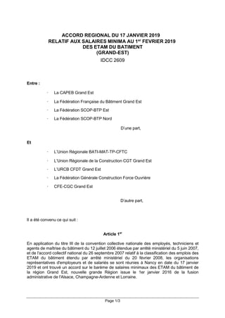 Page 1/3
ACCORD REGIONAL DU 17 JANVIER 2019
RELATIF AUX SALAIRES MINIMA AU 1er
FEVRIER 2019
DES ETAM DU BATIMENT
(GRAND-ES...