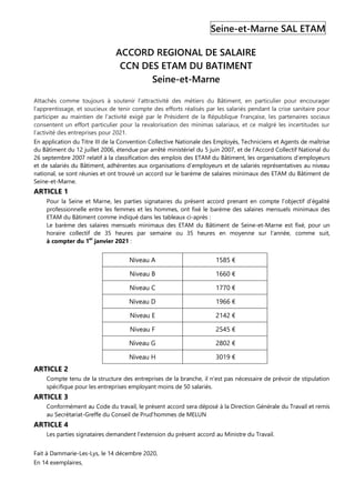 Seine-et-Marne SAL ETAM
ACCORD REGIONAL DE SALAIRE
CCN DES ETAM DU BATIMENT
Seine-et-Marne
Attachés comme toujours à soute...