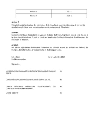 Niveau G 2657 €
Niveau H 2825 €
Article 3
Compte tenu de la structure des entreprises de la branche, il n’est pas nécessai...