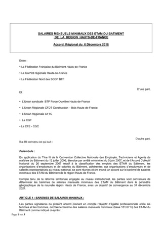 Page 1 sur 3
SALAIRES MENSUELS MINIMAUX DES ETAM DU BATIMENT
DE LA REGION HAUTS-DE-FRANCE
Accord Régional du 6 Décembre 20...