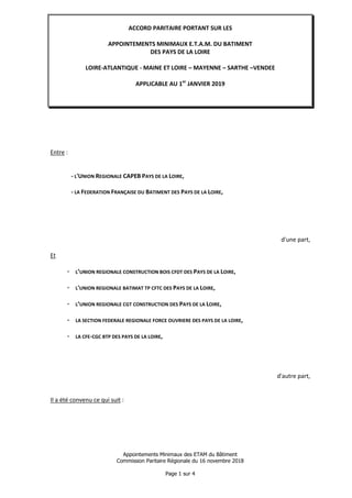 Appointements Minimaux des ETAM du Bâtiment
Commission Paritaire Régionale du 16 novembre 2018
Page 1 sur 4
ACCORD PARITAI...