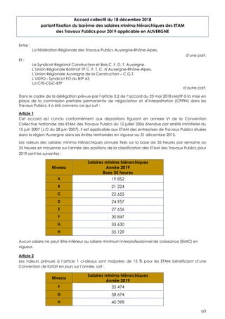 1/2
Accord collectif du 18 décembre 2018
portant fixation du barème des salaires minima hiérarchiques des ETAM
des Travaux...