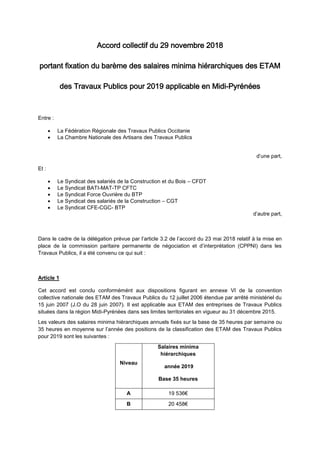 Accord collectif du 29 novembre 2018
portant fixation du barème des salaires minima hiérarchiques des ETAM
des Travaux Pub...
