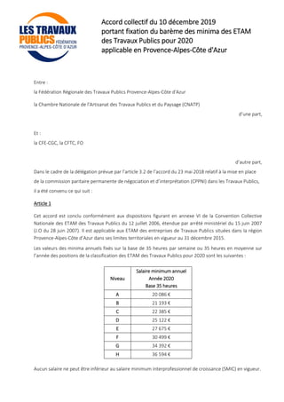 Accord collectif du 10 décembre 2019
portant fixation du barème des minima des ETAM
des Travaux Publics pour 2020
applicable en Provence-Alpes-Côte d'Azur
Entre :
la Fédération Régionale des Travaux Publics Provence-Alpes-Côte d'Azur
la Chambre Nationale de l’Artisanat des Travaux Publics et du Paysage (CNATP)
d’une part,
Et :
la CFE-CGC, la CFTC, FO
d’autre part,
Dans le cadre de la délégation prévue par l’article 3.2 de l’accord du 23 mai 2018 relatif à la mise en place
de la commission paritaire permanente de négociation et d’interprétation (CPPNI) dans les Travaux Publics,
il a été convenu ce qui suit :
Article 1
Cet accord est conclu conformément aux dispositions figurant en annexe VI de la Convention Collective
Nationale des ETAM des Travaux Publics du 12 juillet 2006, étendue par arrêté ministériel du 15 juin 2007
(J.O du 28 juin 2007). Il est applicable aux ETAM des entreprises de Travaux Publics situées dans la région
Provence-Alpes-Côte d’Azur dans ses limites territoriales en vigueur au 31 décembre 2015.
Les valeurs des minima annuels fixés sur la base de 35 heures par semaine ou 35 heures en moyenne sur
l’année des positions de la classification des ETAM des Travaux Publics pour 2020 sont les suivantes :
Niveau
Salaire minimum annuel
Année 2020
Base 35 heures
A 20 086 €
B 21 193 €
C 22 385 €
D 25 122 €
E 27 675 €
F 30 499 €
G 34 392 €
H 36 594 €
Aucun salaire ne peut être inférieur au salaire minimum interprofessionnel de croissance (SMIC) en vigueur.
 