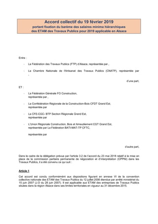 Accord collectif du 19 février 2019
portant fixation du barème des salaires minima hiérarchiques
des ETAM des Travaux Publ...